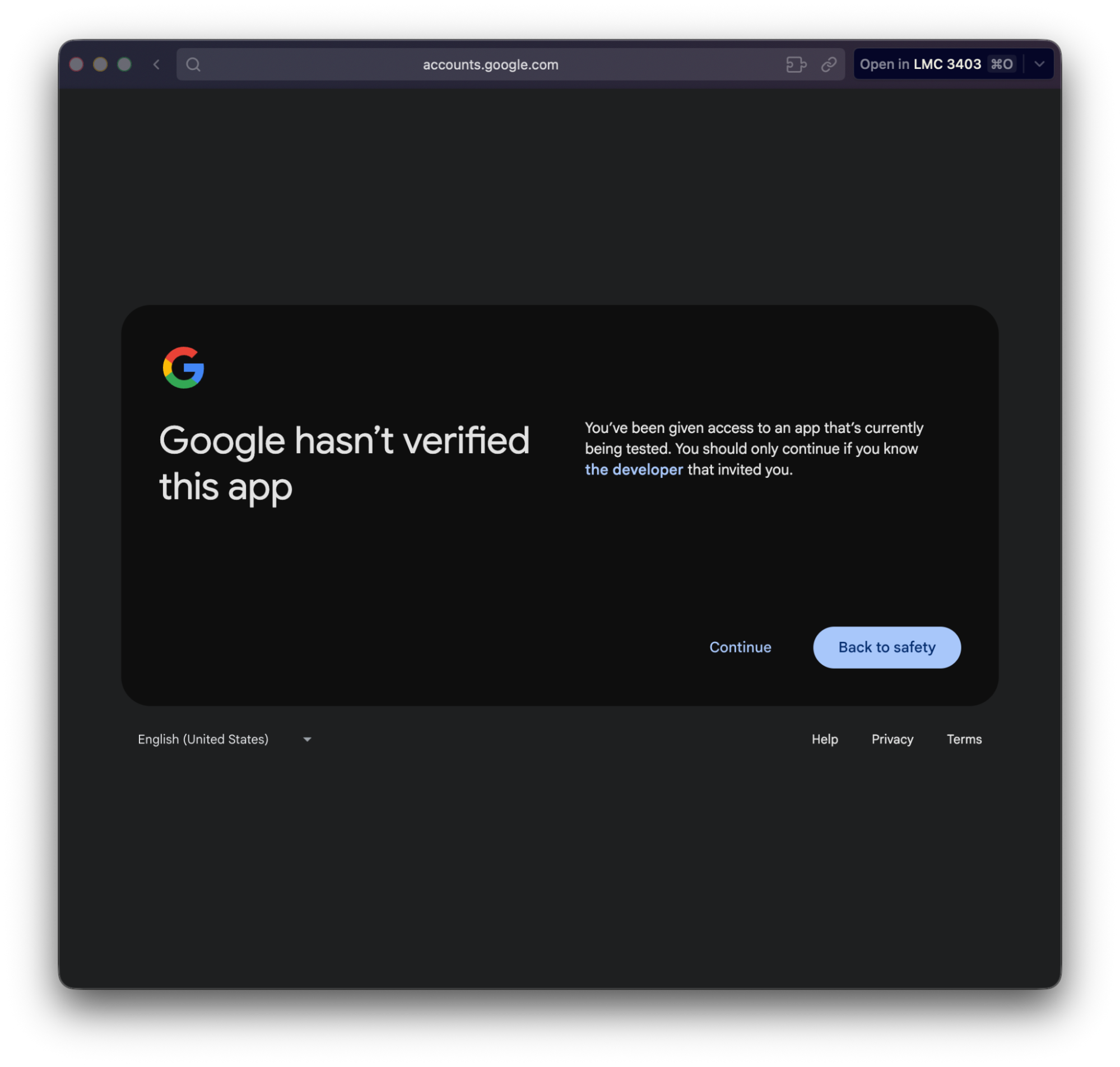 Google OAuth login screen for an unpublished app, showing a warning that the app has not been verified by Google.
