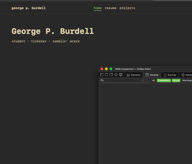 The scaffolded site at the end of Phase 0. A dark gruvbox theme shows the brand 'george p. burdell' top-left, home/resume/projects nav top-right, a large 'George P. Burdell' hero with the tagline 'student · tinkerer · ramblin' wreck', and an open DevTools inspector confirming no console errors.