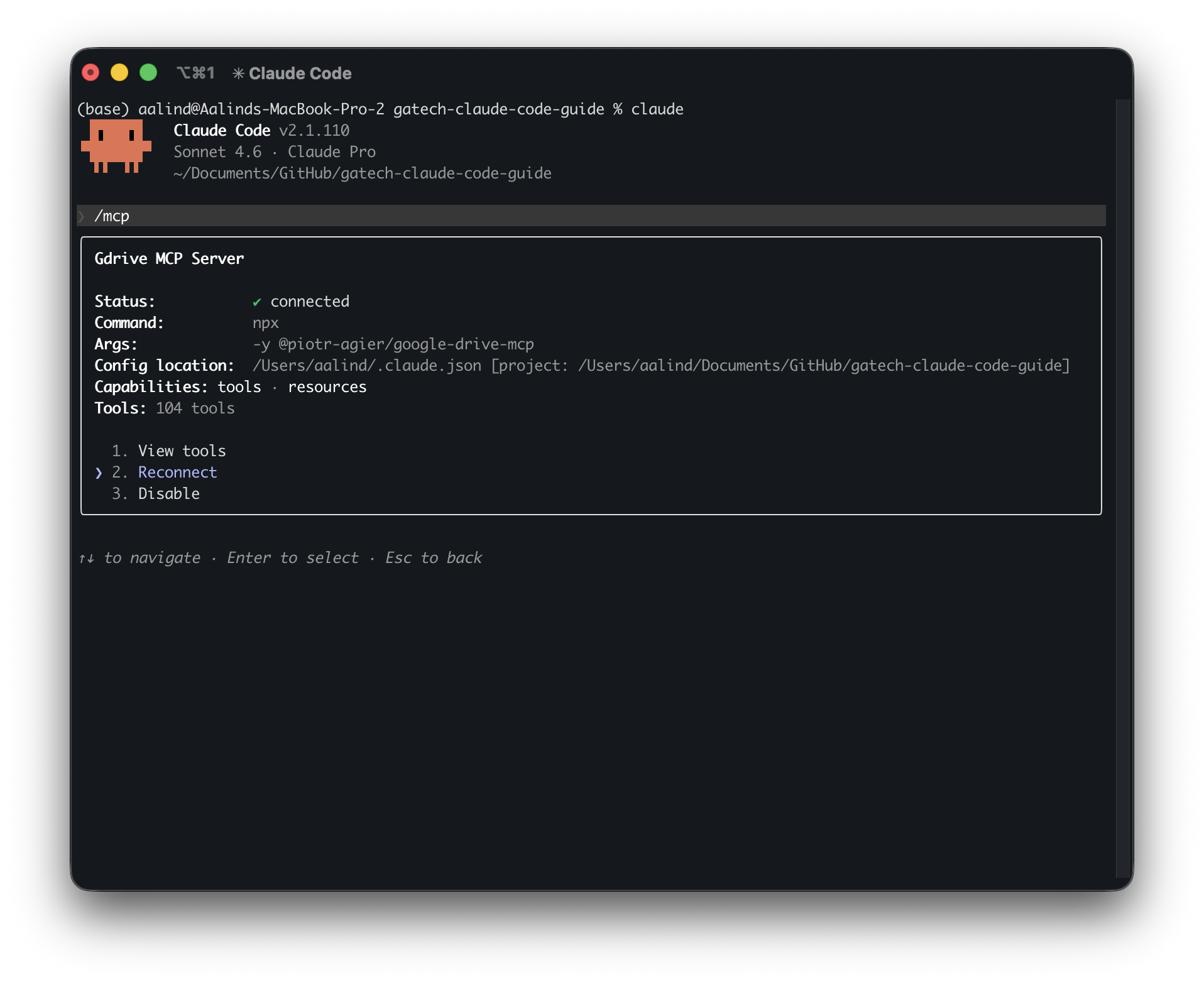 Claude Code /mcp status screen showing the Reconnect option and 104 available Google Drive tools.