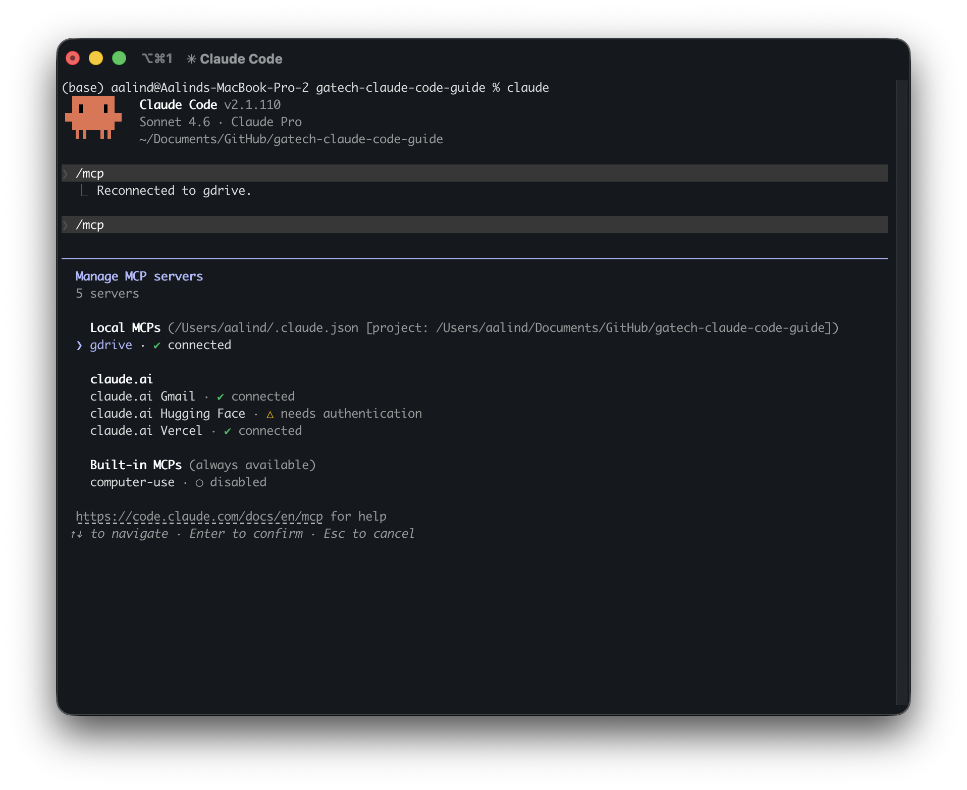 Terminal output after running the /mcp command in Claude Code, showing gdrive listed under Local MCPs with a connected status.