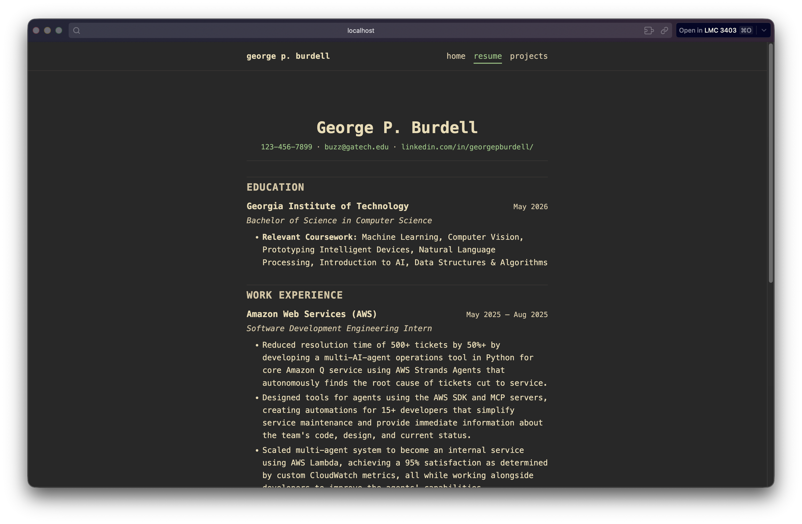 Portfolio website with the resume section added by Claude Code.